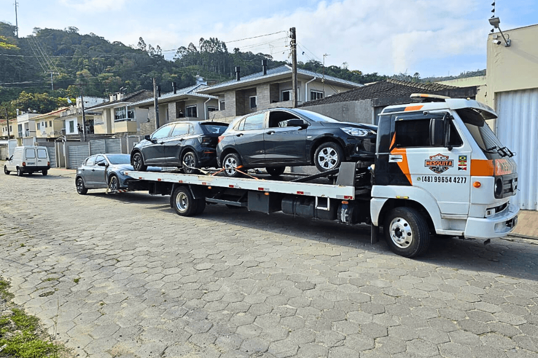 Reboque de múltiplos veículos leves em caminhão plataforma atendendo São José e Palhoça.
